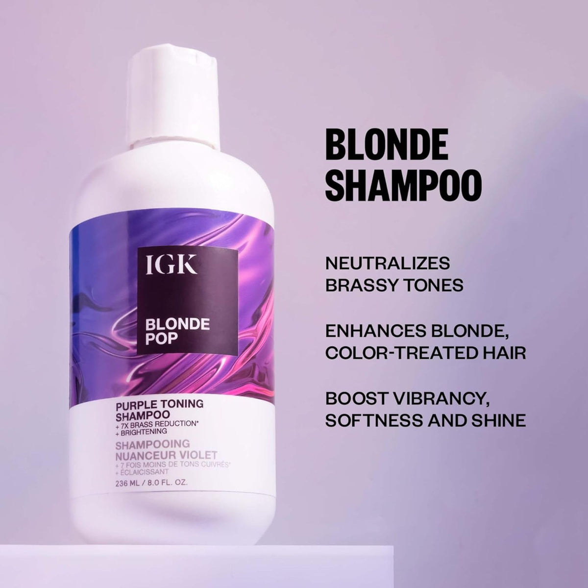 IGK Blonde Pop before and after hair, shows reduced brass and brighter blonde