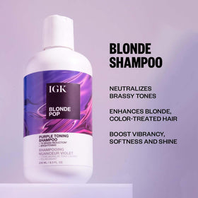 IGK Blonde Pop before and after hair, shows reduced brass and brighter blonde