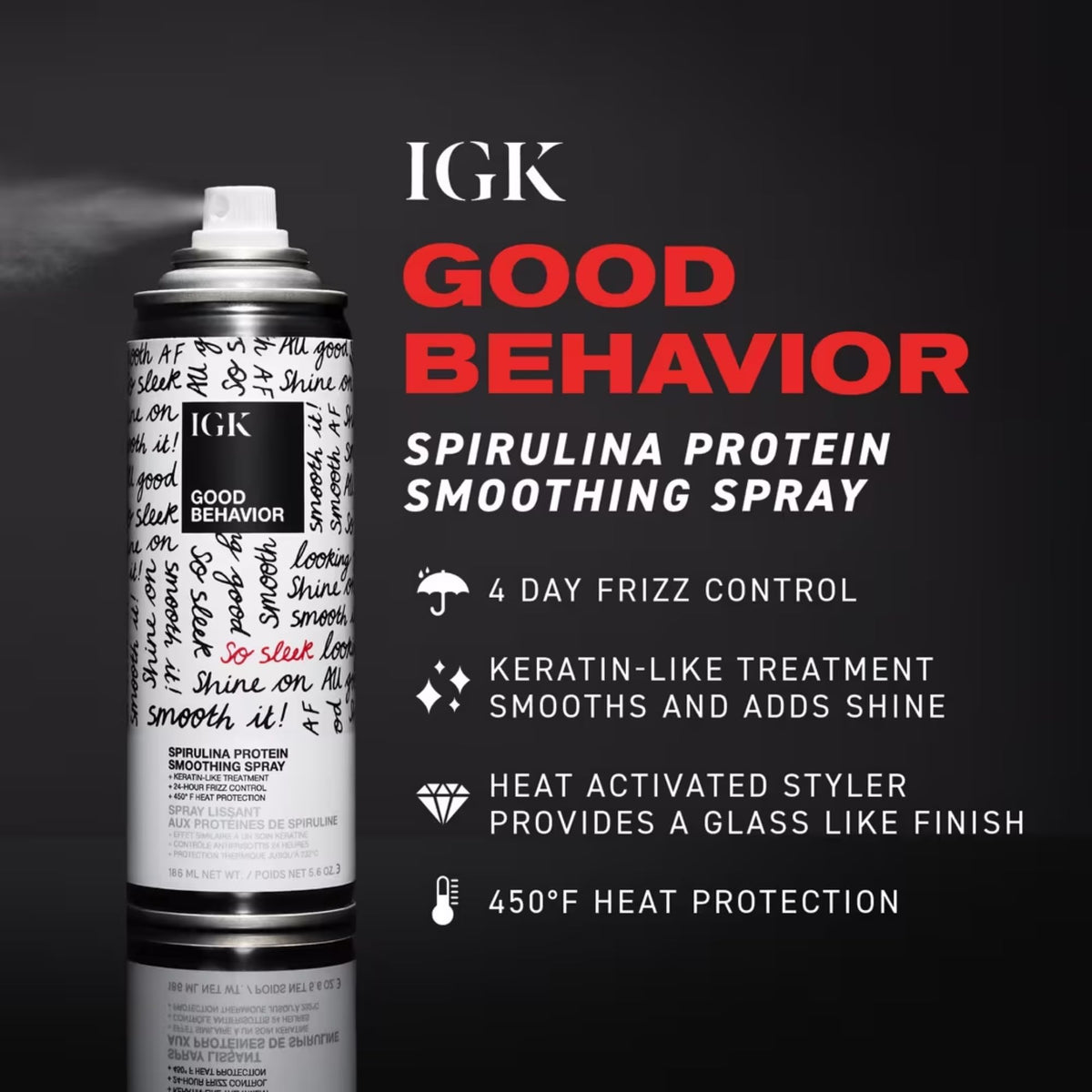 IGK bottle side label detail highlighting product claims and usage