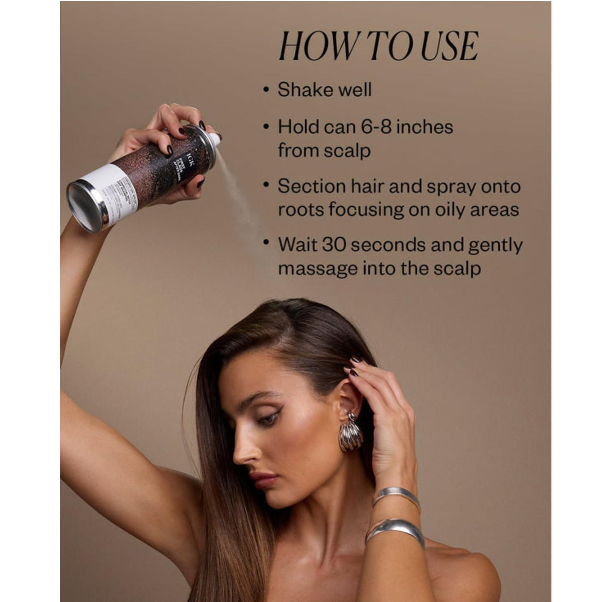 IGK dry shampoo brown tint texture close-up blending into dark hair