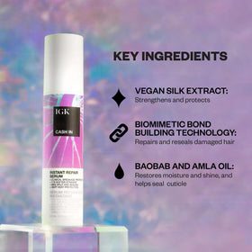 IGK Cash In ingredients label close-up highlighting vegan silk and bond tech benefits