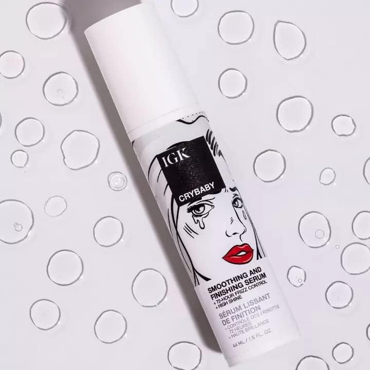 IGK Crybaby serum texture on a hair strand showing lightweight absorption and shine