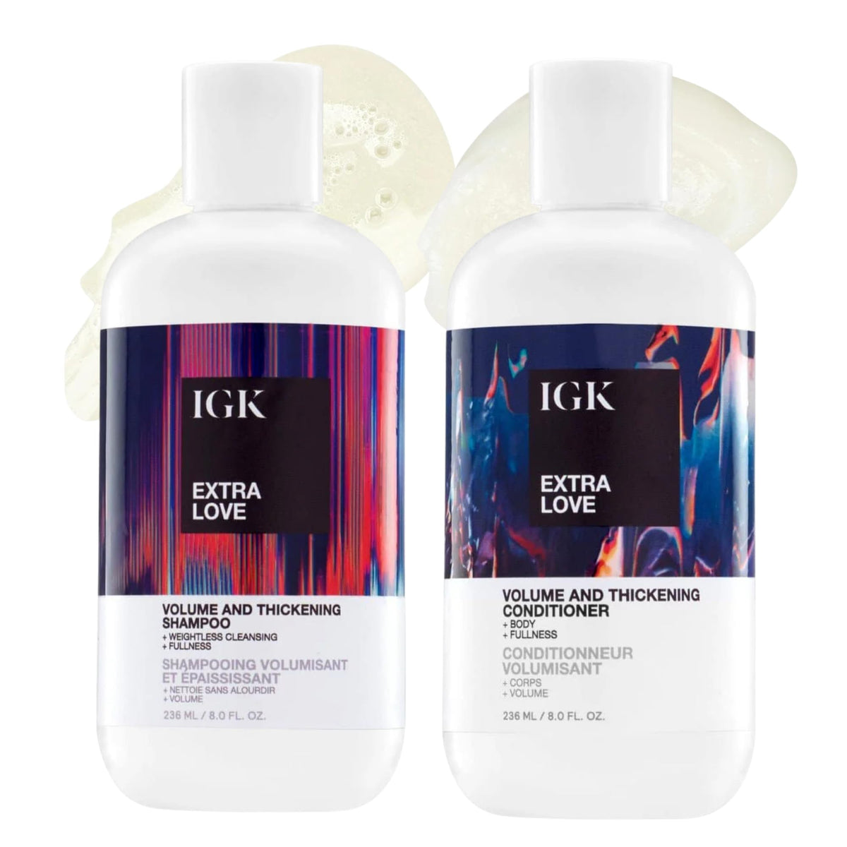 IGK Extra Love front-view pair showing bottles and benefits