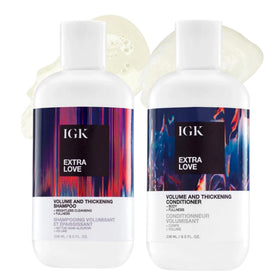 IGK Extra Love front-view pair showing bottles and benefits