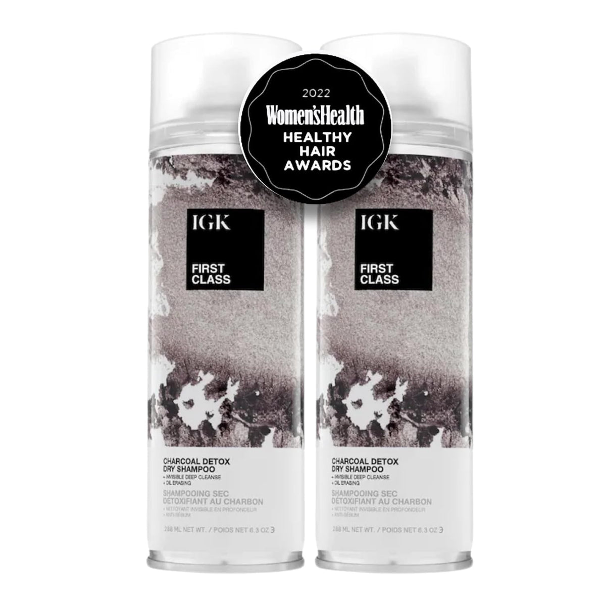 IGK bottle front packaging shows charcoal dry shampoo benefits