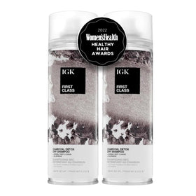 IGK bottle front packaging shows charcoal dry shampoo benefits