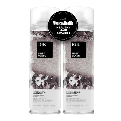 IGK bottle front packaging shows charcoal dry shampoo benefits