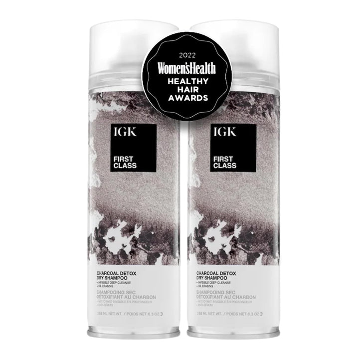 IGK bottle front packaging shows charcoal dry shampoo benefits