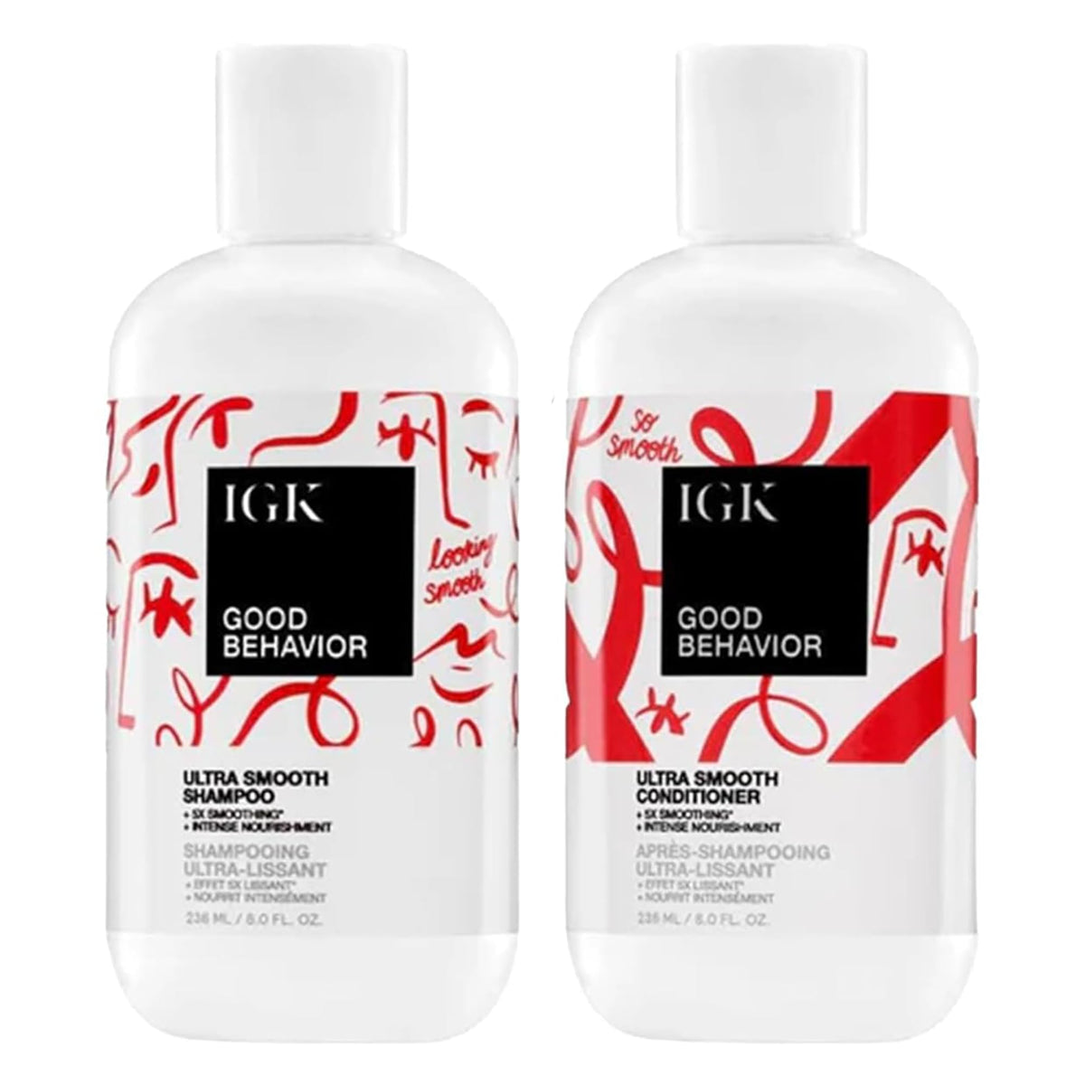 IGK front packaging showing both bottles and travel packettes for effortless smoothing