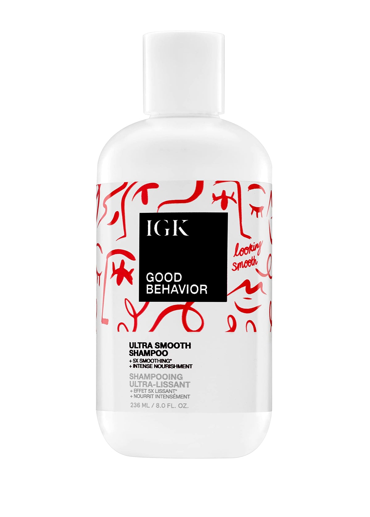 IGK bottle front packaging showing product and smoothing promise