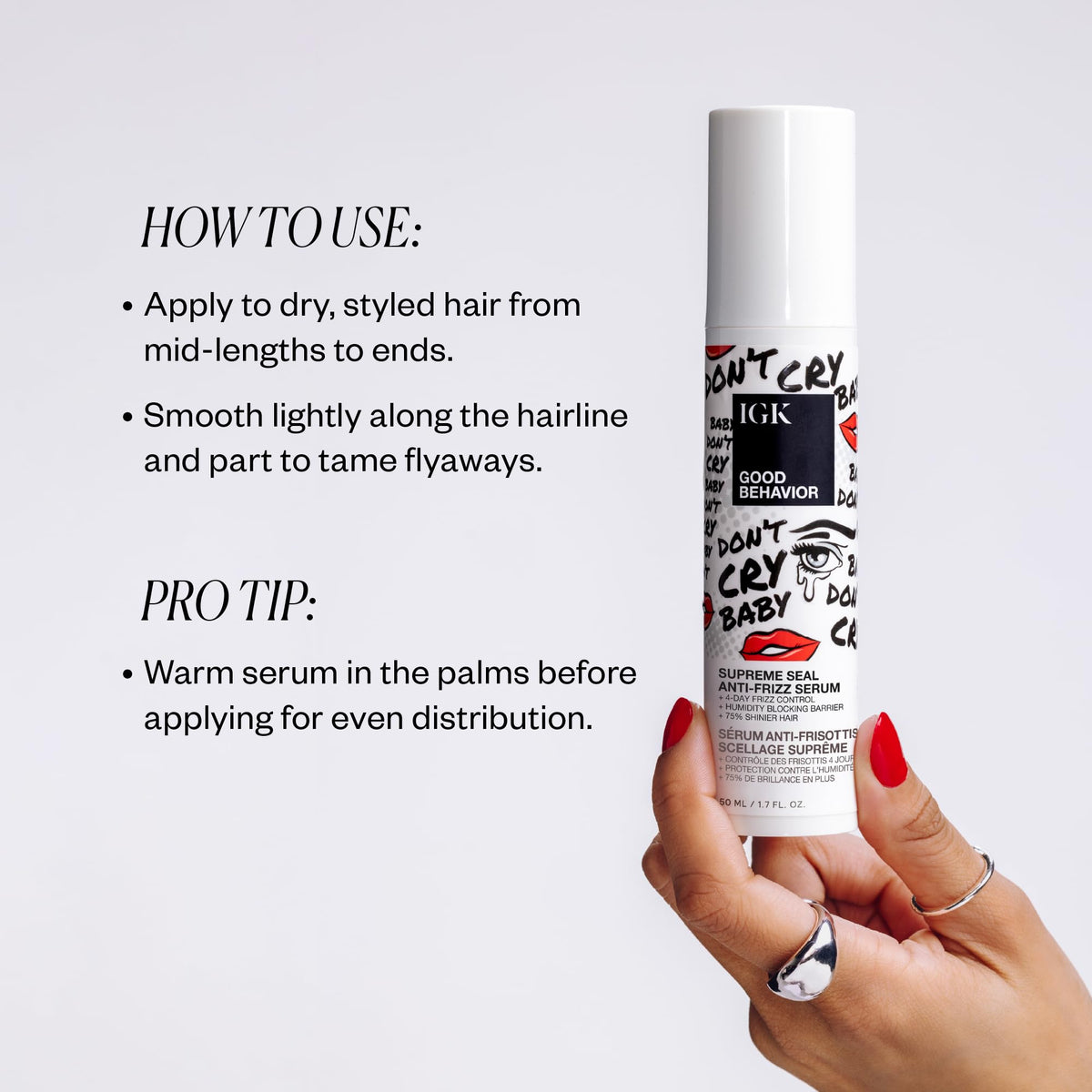 IGK Good Behavior serum texture on hand highlighting concentrated glossy finish