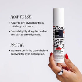 IGK Good Behavior serum texture on hand highlighting concentrated glossy finish
