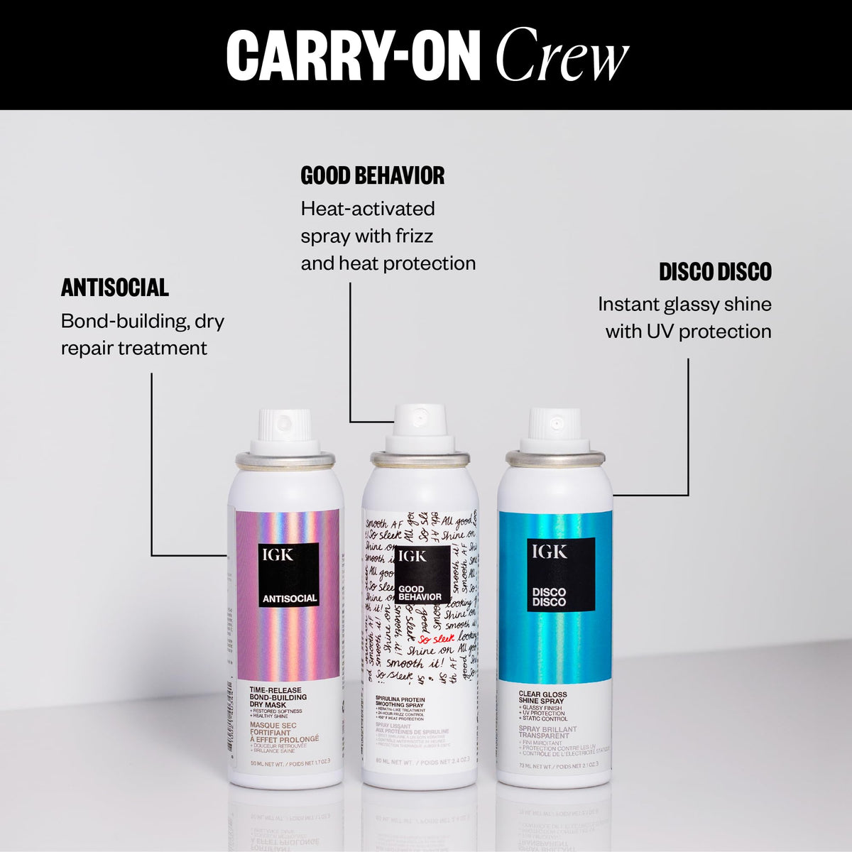 IGK Good Behavior smoothing spray close-up nozzle showing product details and frizz control
