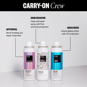 IGK Good Behavior smoothing spray close-up nozzle showing product details and frizz control