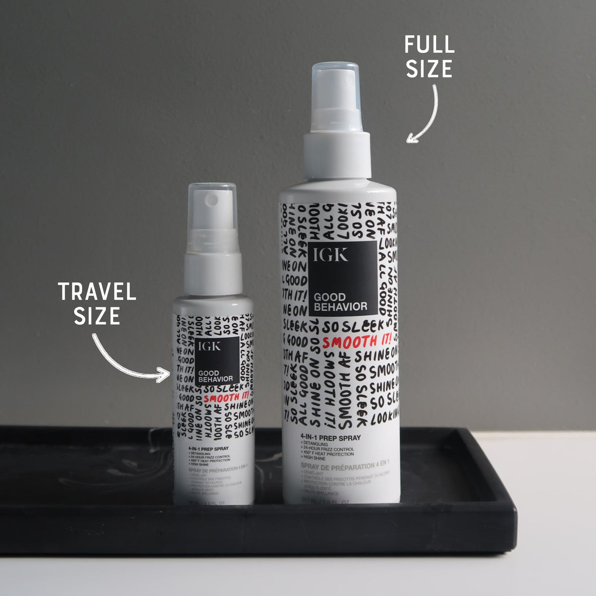 IGK Good Behavior full and travel size bottles for convenient portability