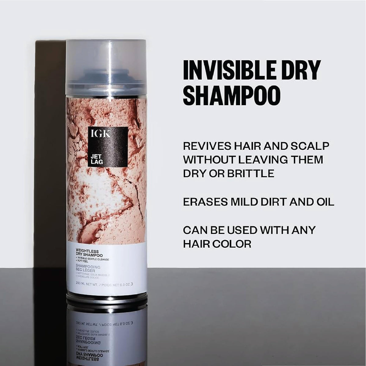 IGK Jet Lag spray action demonstrating quick application and instant refresh benefit