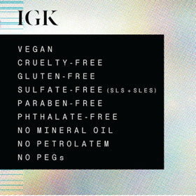 IGK label ingredients and certifications highlighting vegan cruelty-free