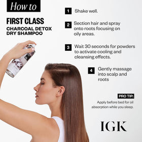 IGK label ingredients detail featuring charcoal and white tea powder benefits