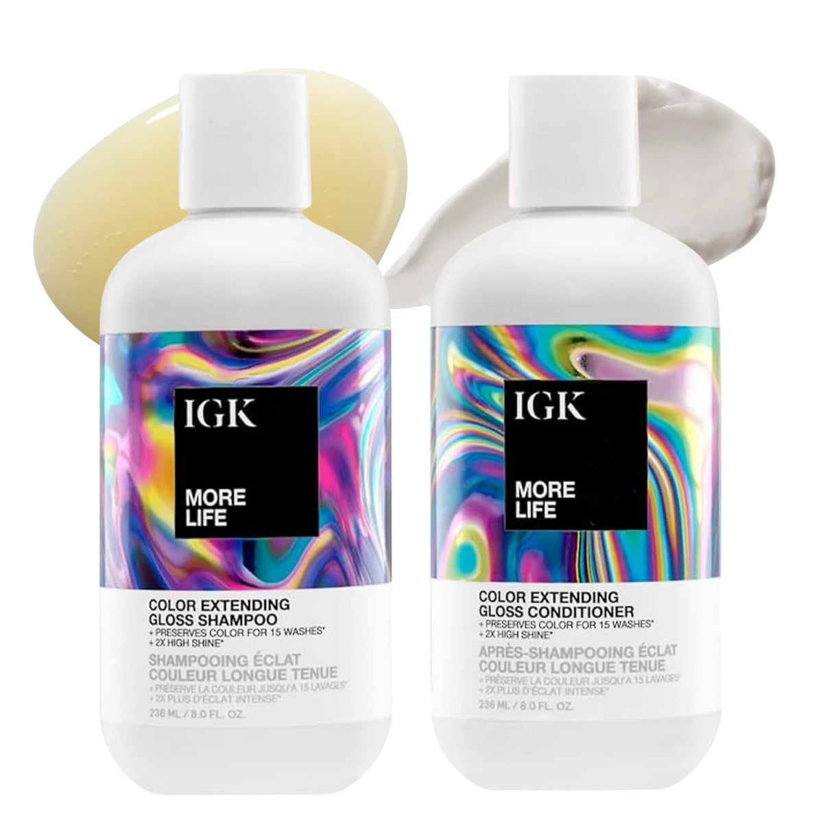 IGK front packaging of More Life set showing both bottles and glossy finish benefit