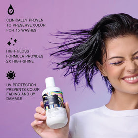 IGK ingredient label and bottle detail showing color-locking polymers and UV defense benefit
