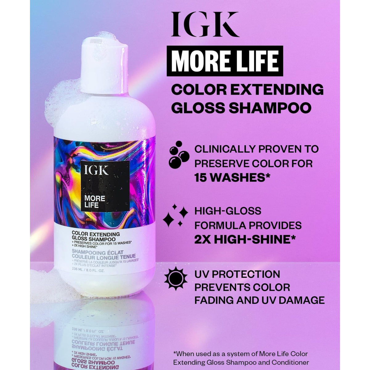IGK More Life label close-up highlighting ingredients and protection