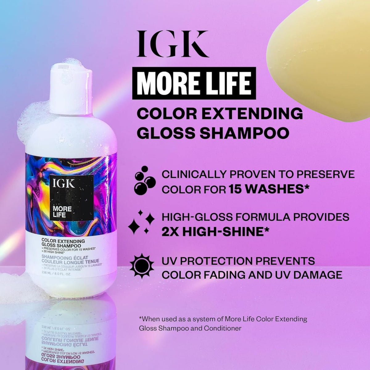 IGK close-up of shampoo lather texture showing gentle cleansing and shine benefit