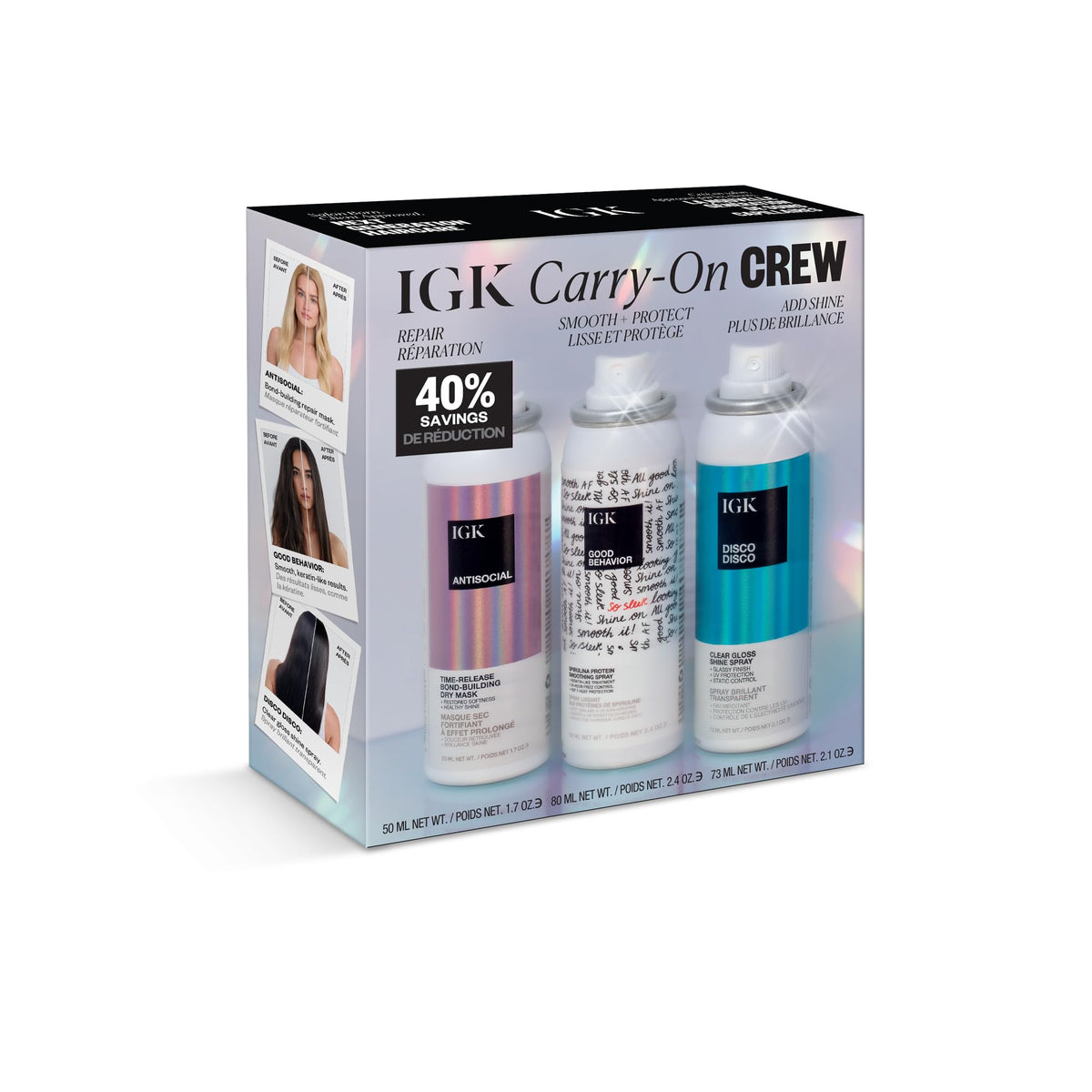IGK kit front packaging showing three travel-size bottles and holiday design for easy gifting