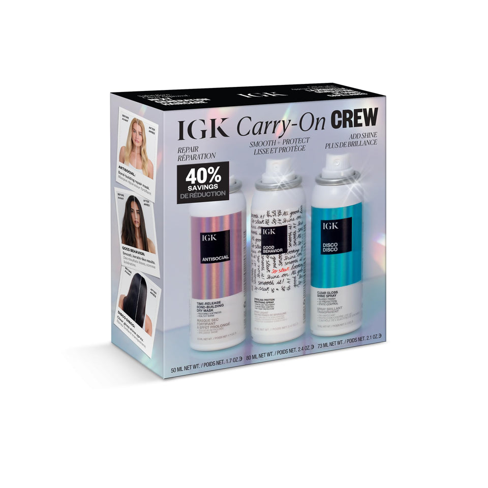 IGK kit front packaging showing three travel-size bottles and holiday design for easy gifting