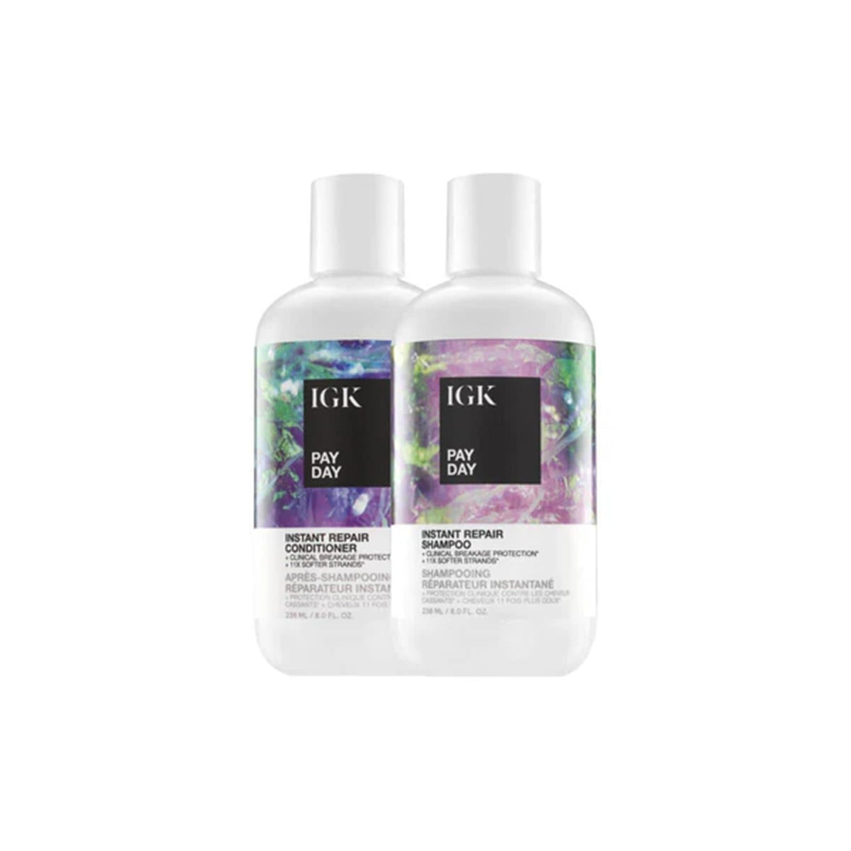 IGK Pay Day bottles styled on bathroom shelf showing daily routine benefit