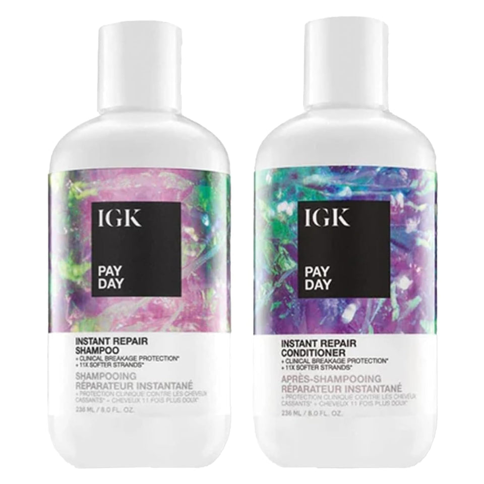 IGK Pay Day front packaging showing both 8 oz bottles and set benefits