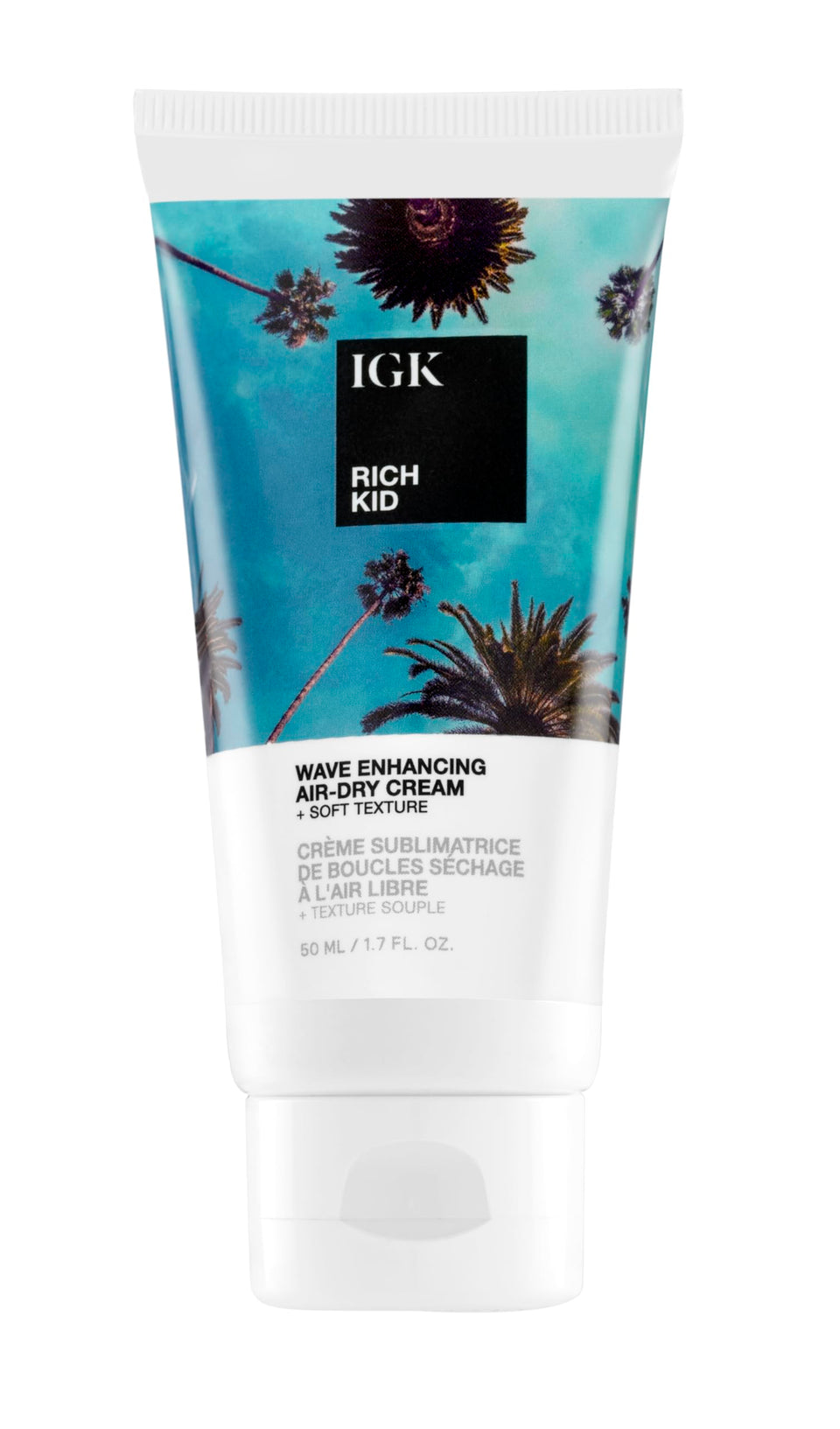 IGK Rich Kid front packaging travel tube showing label and size, clear travel benefit