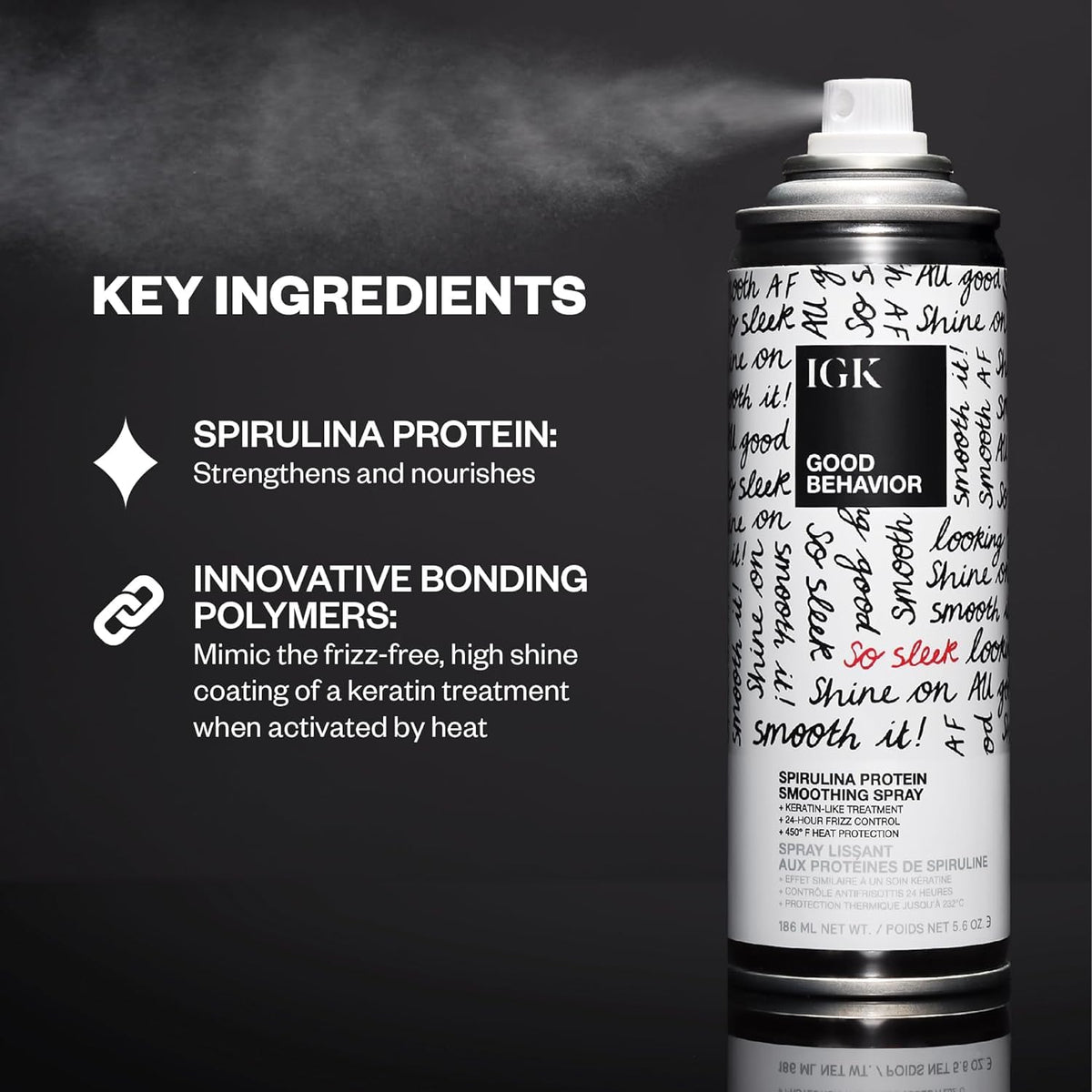 IGK spray nozzle close-up demonstrating fine mist for even heat activation