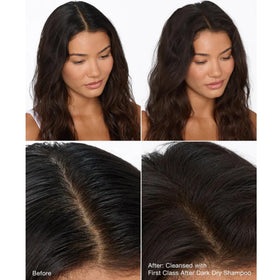 IGK before-and-after roots on dark hair showing no white residue benefit