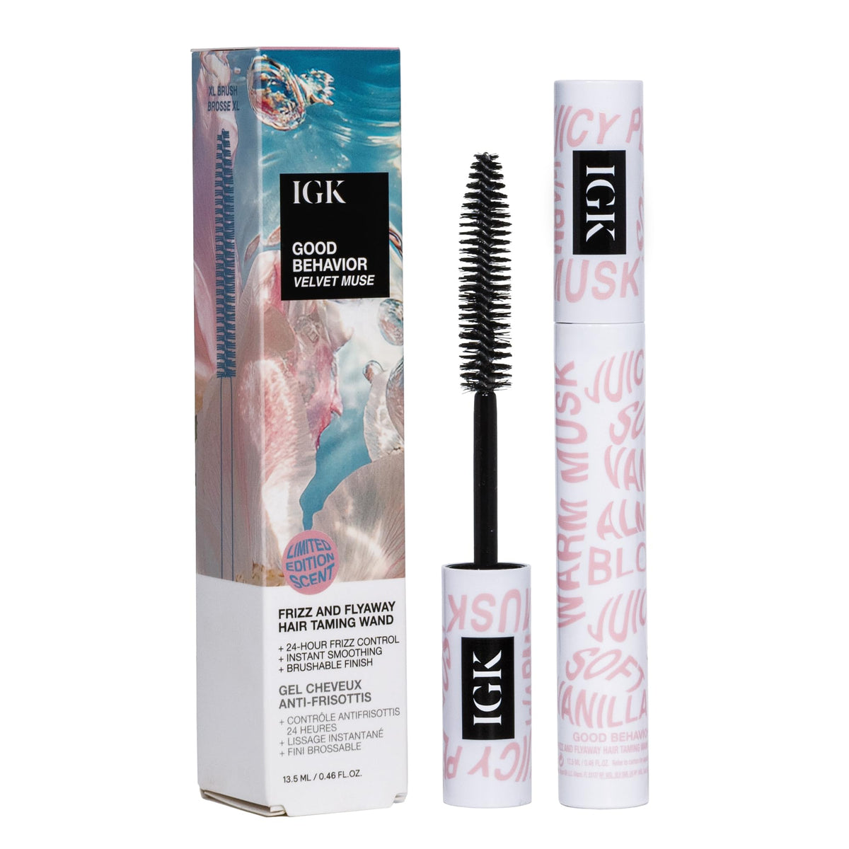 IGK Velvet Muse front packaging showing compact taming wand and logo