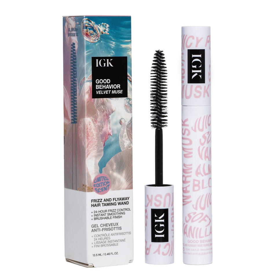 IGK Velvet Muse front packaging showing compact taming wand and logo