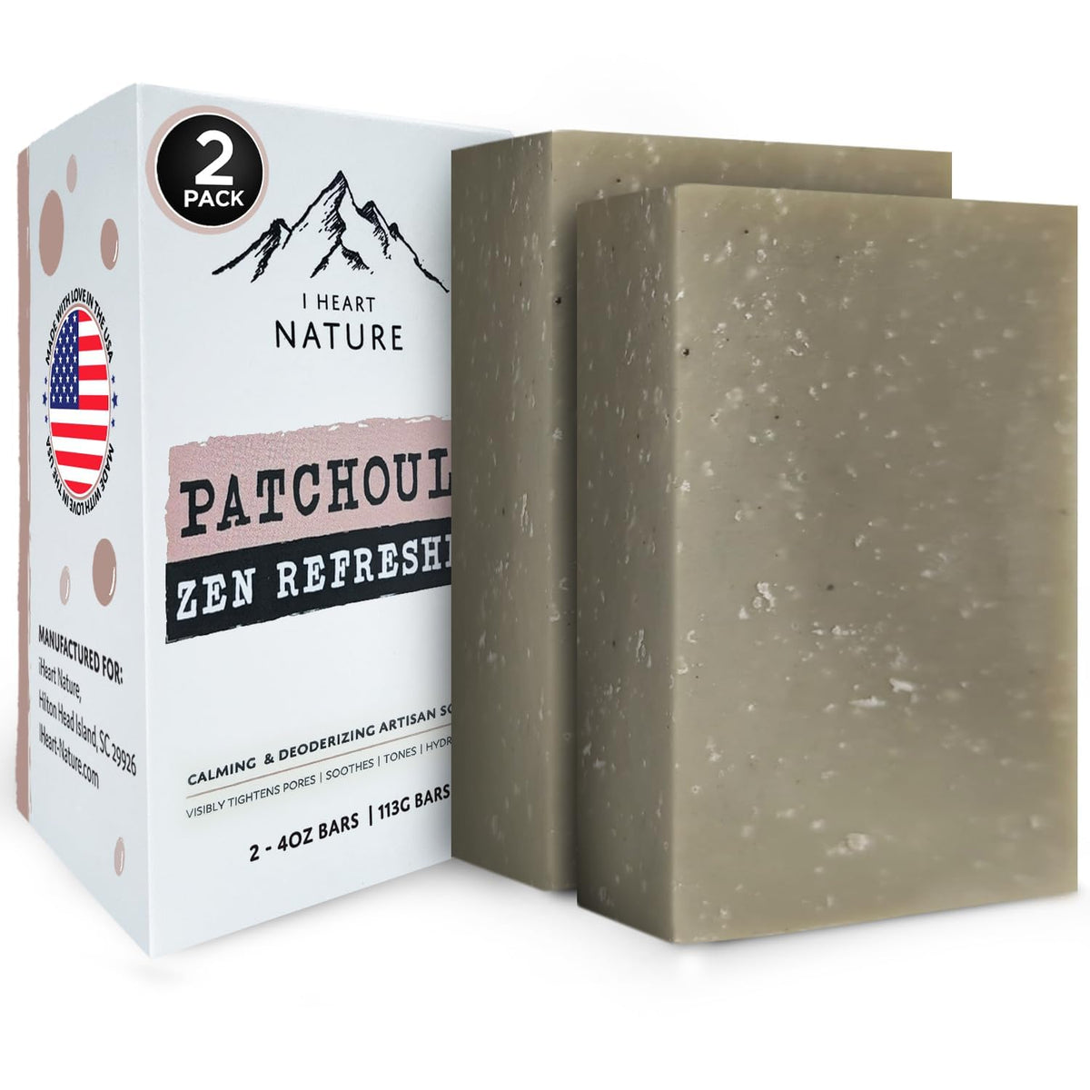 iHeart Nature front packaging showing two patchouli soap bars and brand benefit