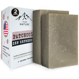 iHeart Nature front packaging showing two patchouli soap bars and brand benefit