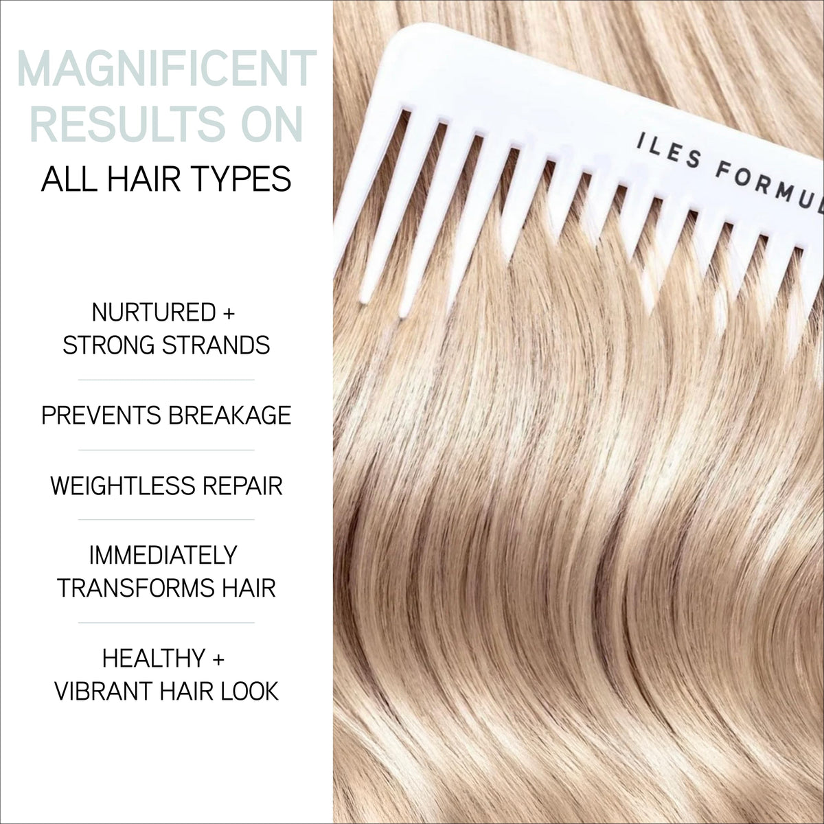ILES FORMULA after-use hair strands showing smooth shiny results