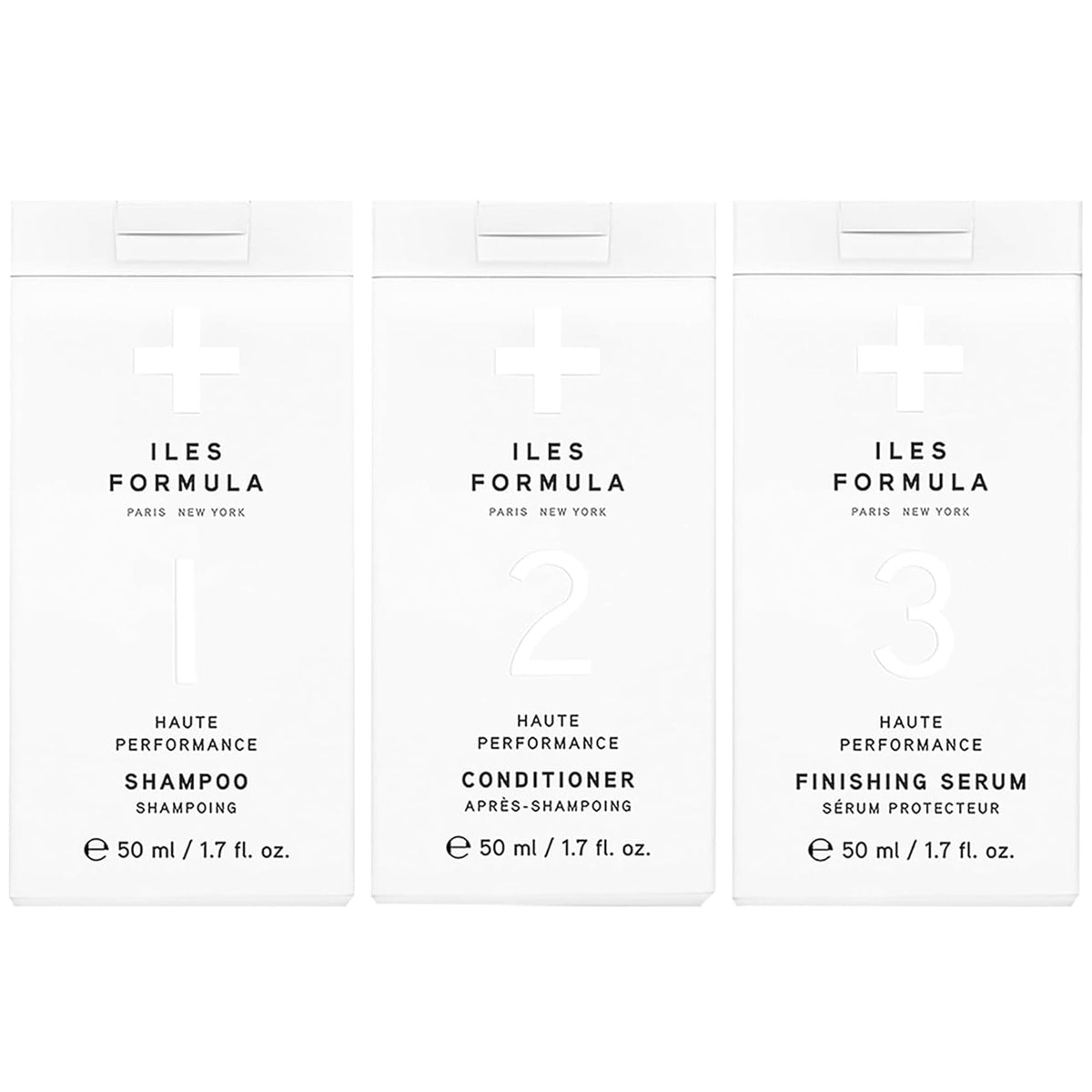 ILES FORMULA front packaging showing travel shampoo conditioner and serum — compact convenience