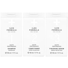 ILES FORMULA front packaging showing travel shampoo conditioner and serum — compact convenience