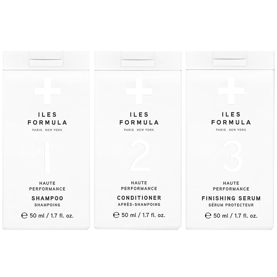 ILES FORMULA front packaging showing travel shampoo conditioner and serum — compact convenience