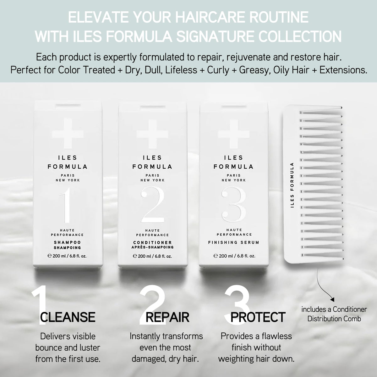 ILES FORMULA shampoo pump close-up showing gentle lather and effective cleansing