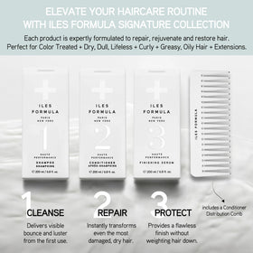 ILES FORMULA shampoo pump close-up showing gentle lather and effective cleansing