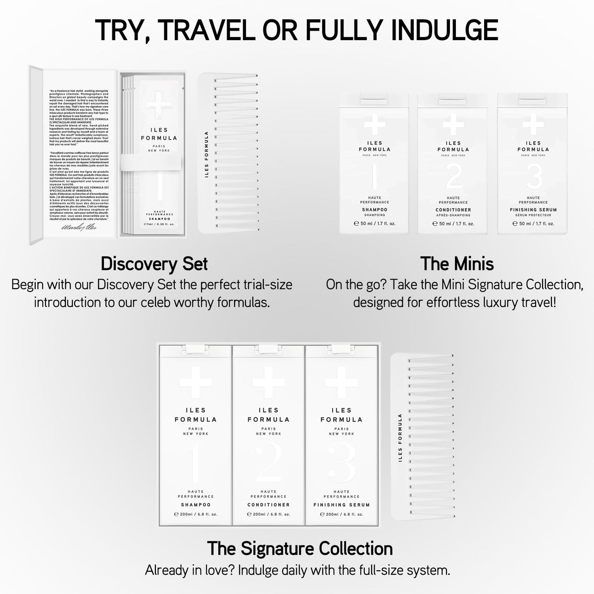 ILES FORMULA mini bottles beside full-size comparison showing travel-friendly scale
