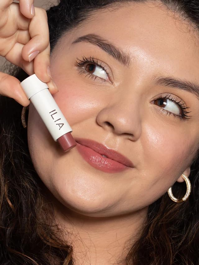 ILIA balm with color swatches illustrating buildable pigment and versatile wear