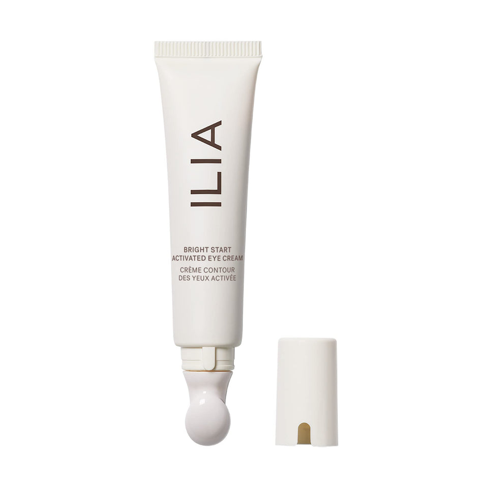 ILIA front packaging of Bright Start eye cream showing compact tube and branding for clarity