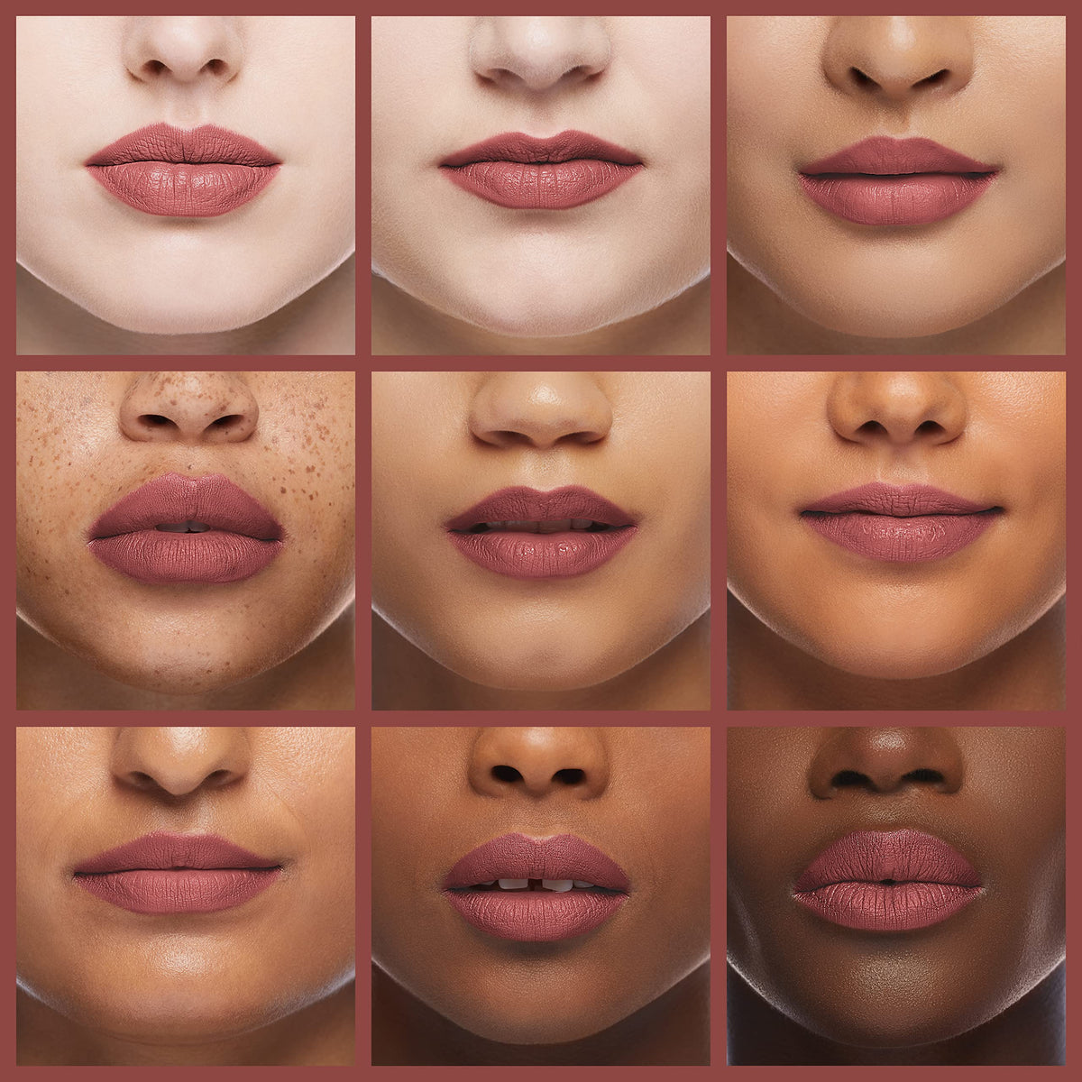 ILIA swatch of Wild Rose on lips demonstrating true mauve-neutral payoff and wearability
