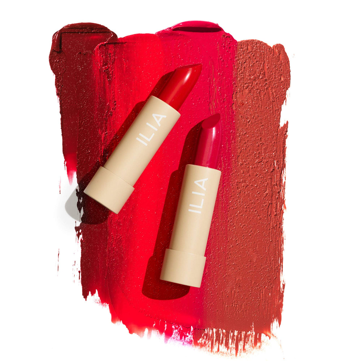 ILIA model wearing Tango deep red showing flattering neutral undertone and polish