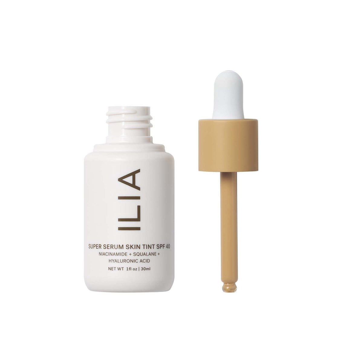 ILIA serum texture on glass dropper illustrating hydrating, dewy finish