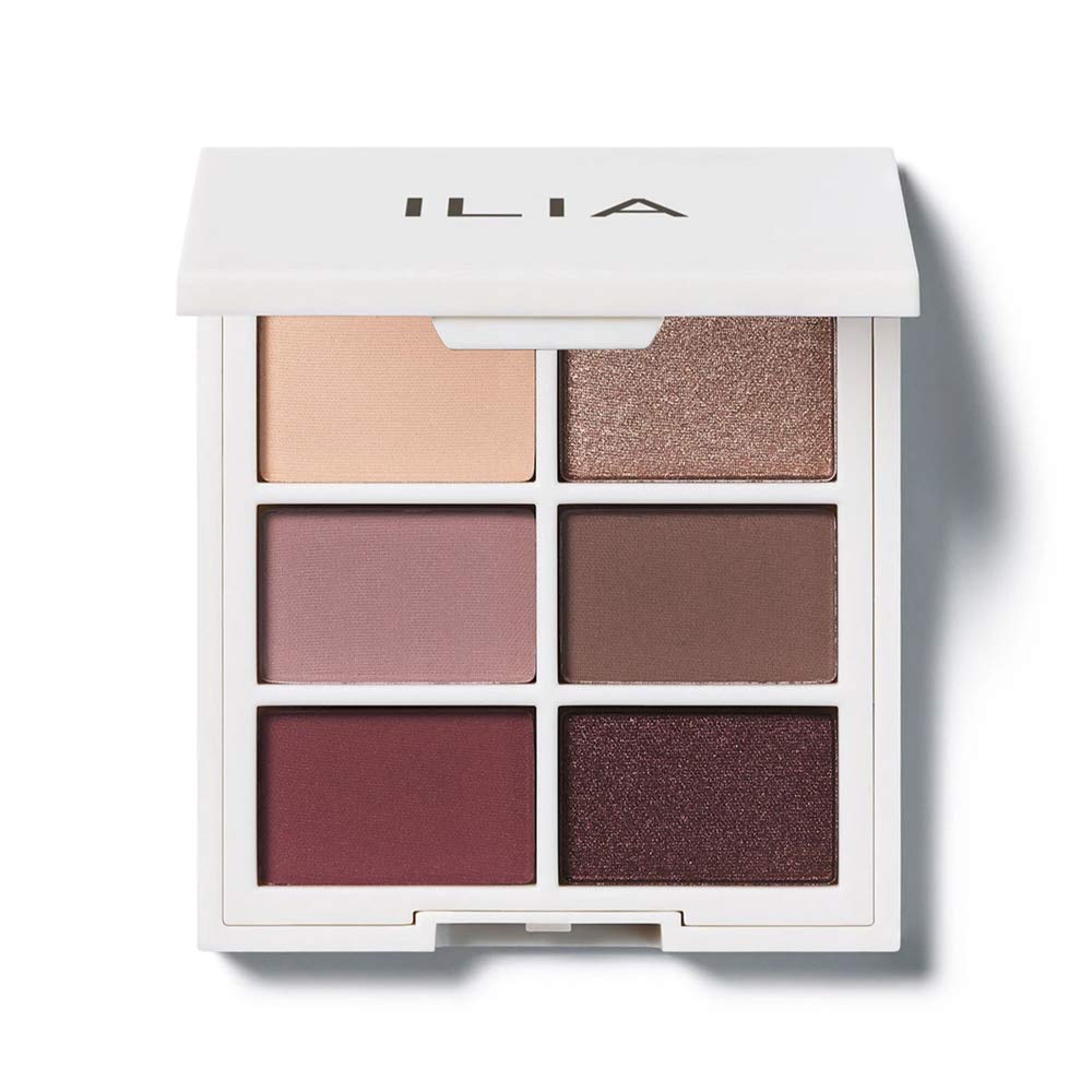 ILIA palette front view showing six cool nude pans and compact benefit portability